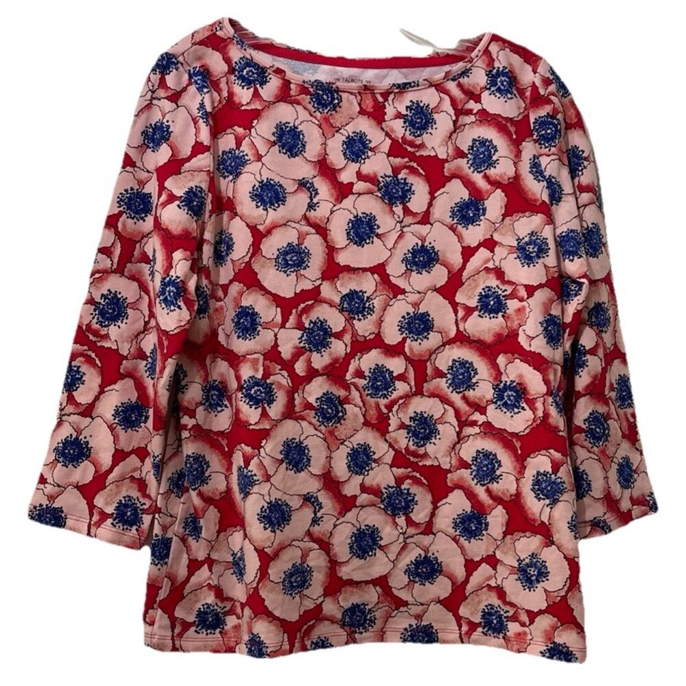 Talbots Petites T-shirt Red White Blue Poppies 3/4 Sleeves Size Mp Patriotic